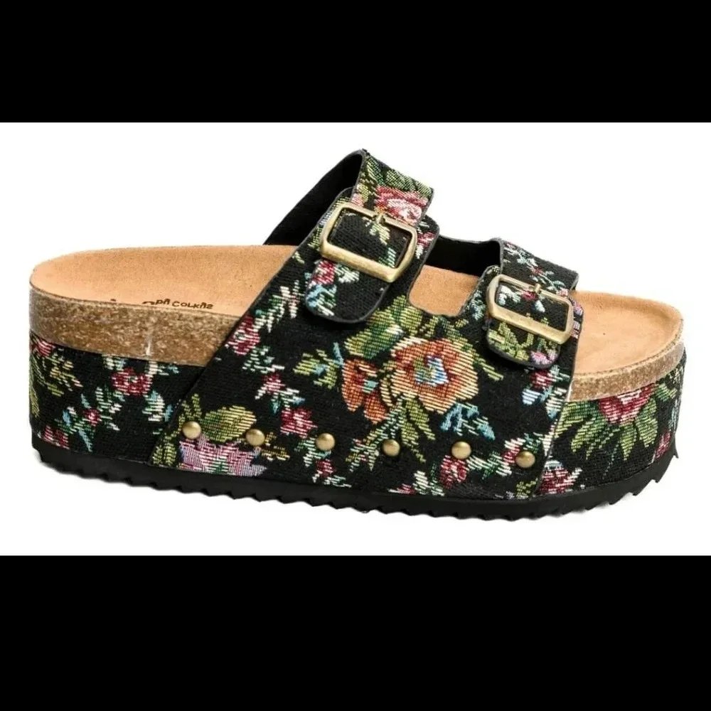 Corkys Black Brocade Floral Platform Flatform Sandals New